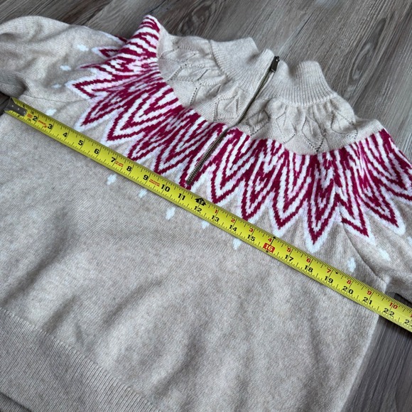 LOFT Cozy XL Fair Isle Quarter Zip Sweater Oatmeal Beige Burgundy Cable Knit - Picture 5 of 5